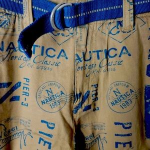 Nautical size 5 with buttons to adjust the fit  of the shorts and has blue belt